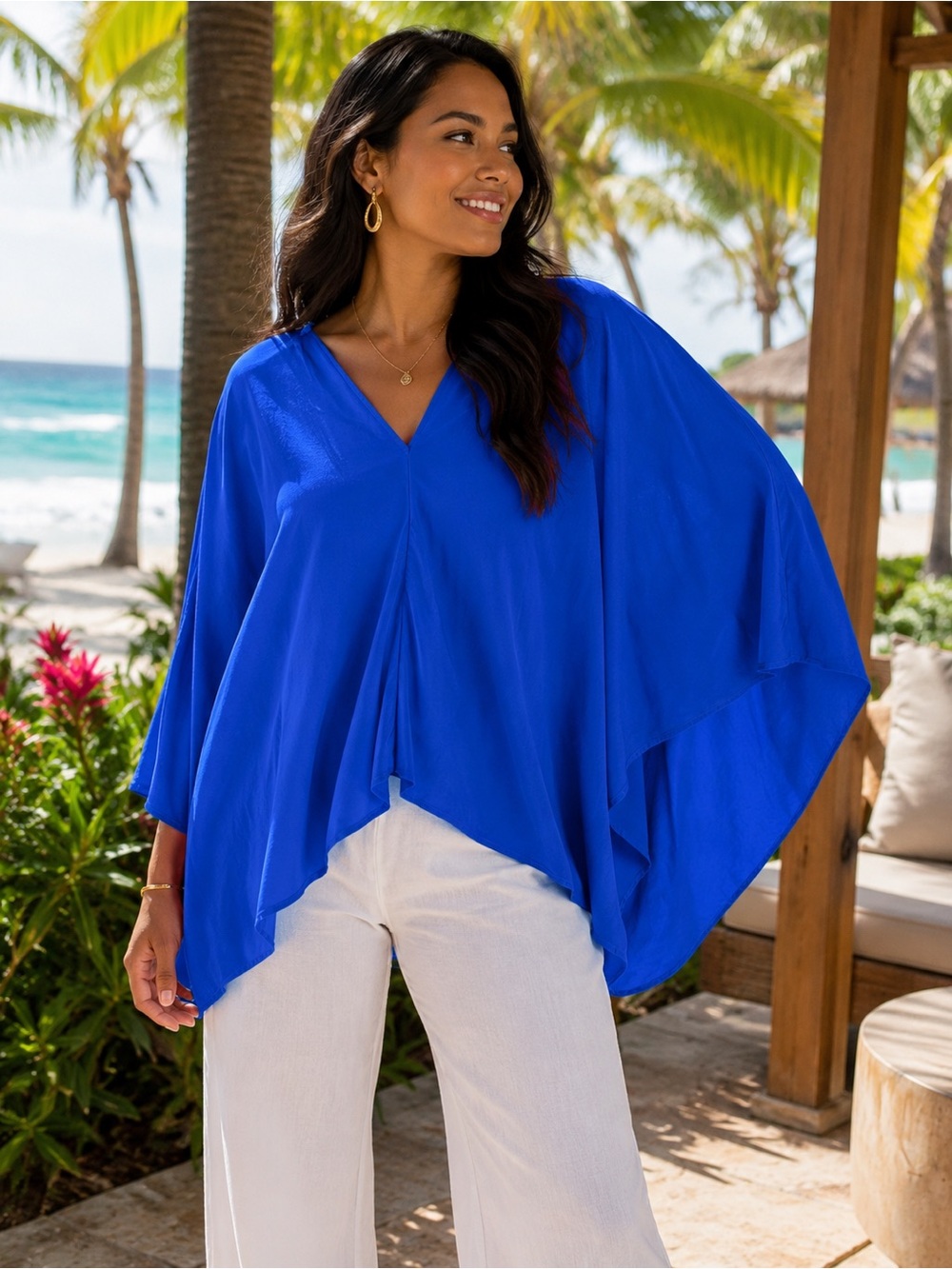 Zara Royal Blue V-Neck Long Sleeve Blouse